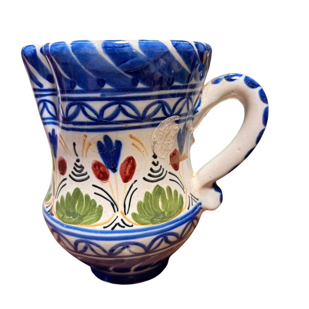 Hand Painted Folk Art Ceramic Pitcher Blue Floral Creamer Small Milk Jug Signed
